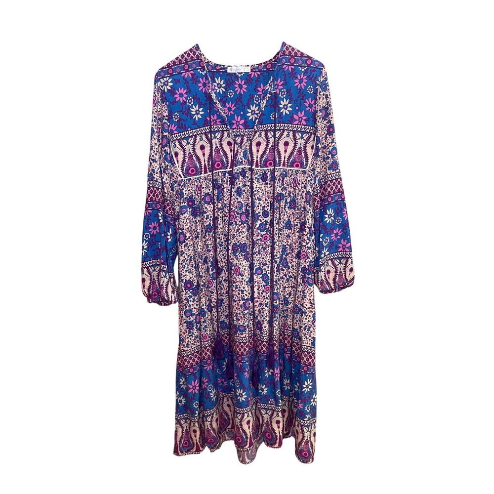 Floral Paisley Dress Women's Small R.Vivimos Blue Pink V-Neck Boho Retro‎ Hippie